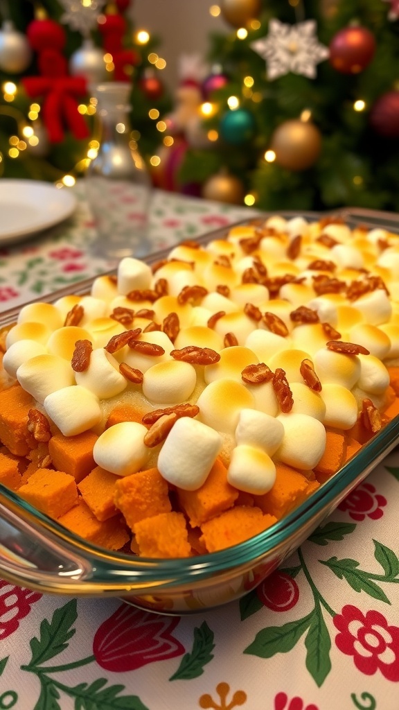 Sweet potato casserole with marshmallows and nuts, decorated for Christmas.